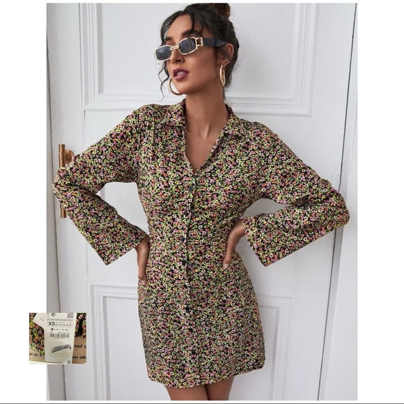 Zara Dresses & Skirts - ZARA NWT Black Multi Floral Ditsy Button Up Dress